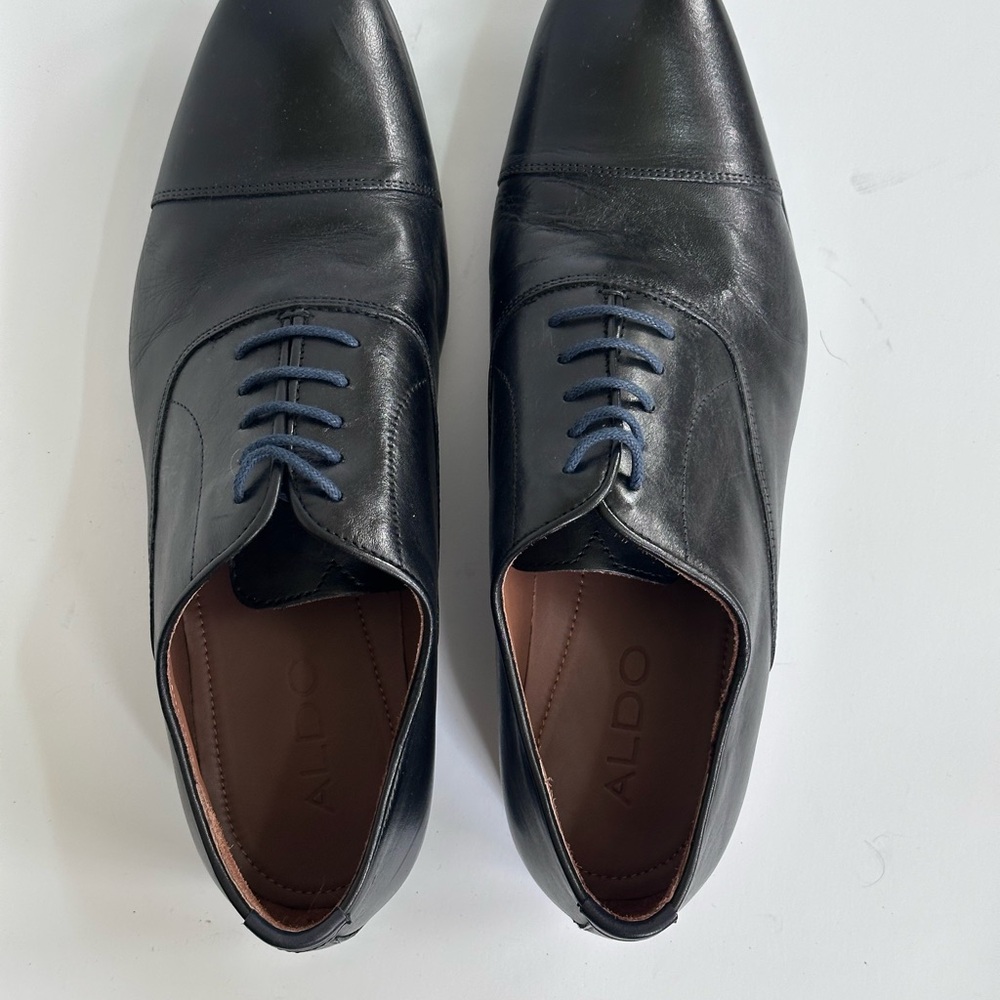 Aldo Black Leather Oxfords with Blue Laces